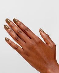Hand displays glossy taupe-brown nails painted with OPI Infinite Shine Livin' La Vida Mocha nail polish against a clean light gray background.