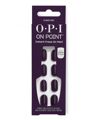 OPI On Point O Suzi Mio press-on nails display glossy deep plum fall nail colors in retail packaging with 24 nails, glue, file, cuticle stick, prep pad, and up to 14 days of wear.