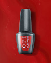 OPI GelColor Single & Red-y at-home gel nail polish bottle with a red label, centered on a glossy red polish background for bold fall nail colors.