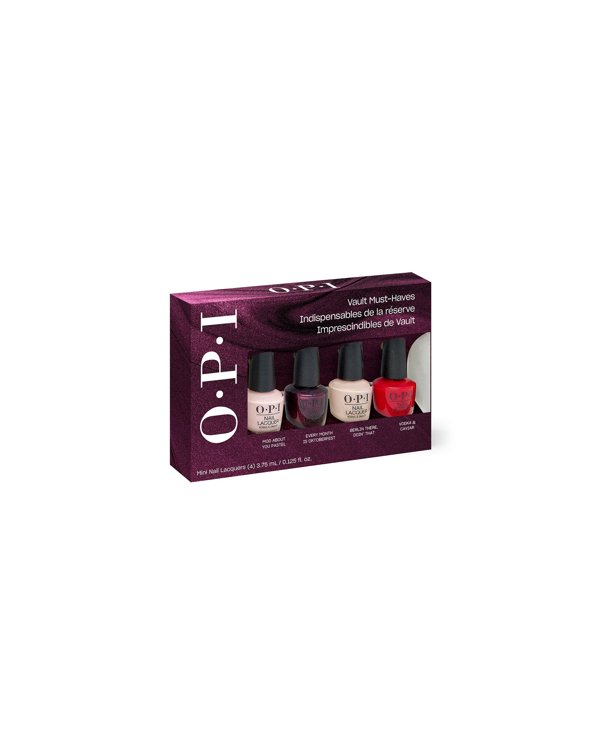 OPI Fall '26 Nail Lacquer 4PC Mini-pack displays four mini fall nail colors - pale pink, deep plum, nude, and red - in a burgundy Vault Must-Haves gift set box on a white background.