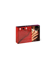 OPI Fall '26 Nail Lacquer 4PC Mini-pack box back showing four mini fall nail colors, shade swatches, product details, and a hand with glossy red nails holding a cocktail glass.