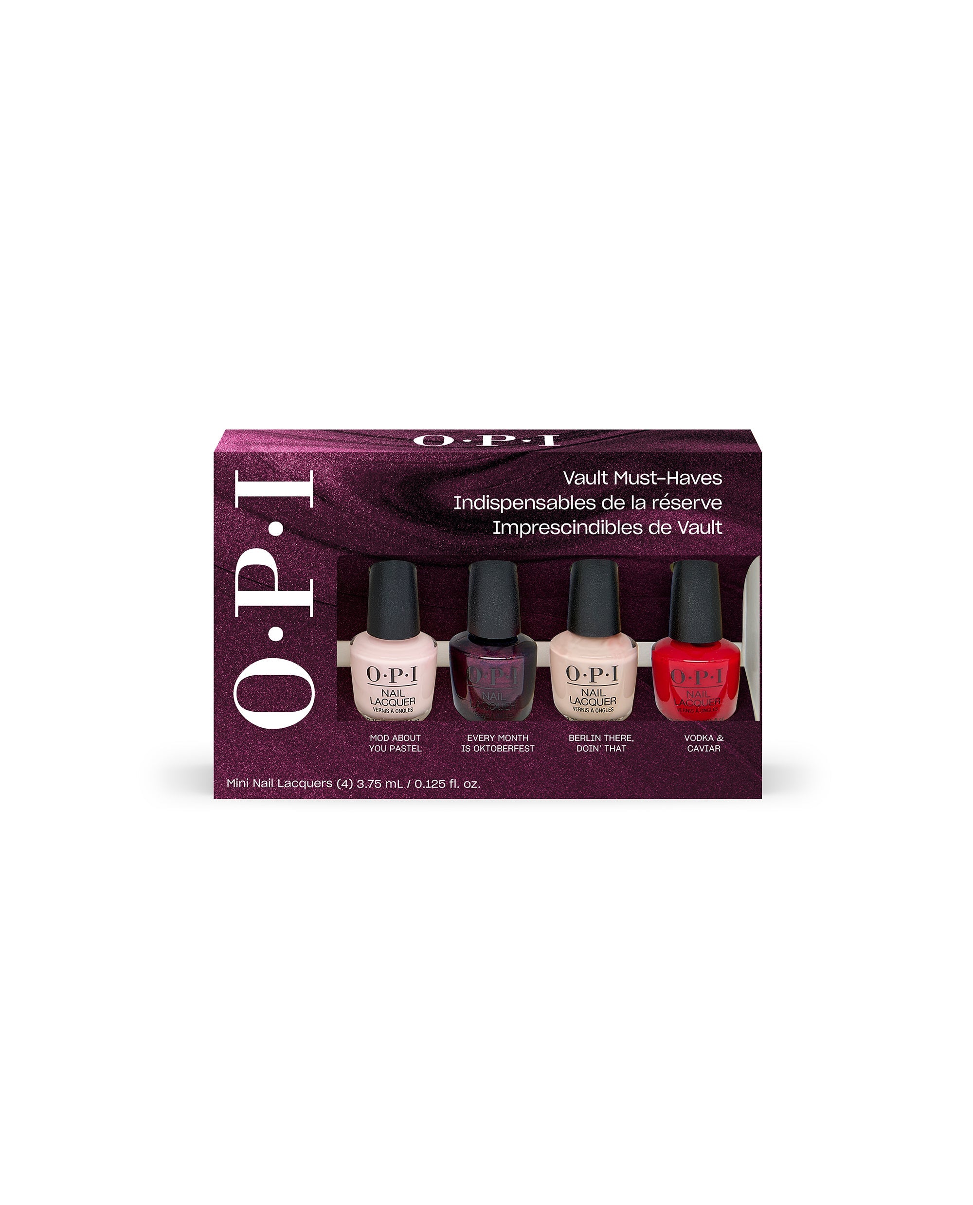 OPI Fall '26 Nail Lacquer 4PC Mini-pack showcases four mini fall nail colors in pale pink, deep plum, beige nude, and bright red, displayed in a burgundy Vault Must-Haves gift set box.