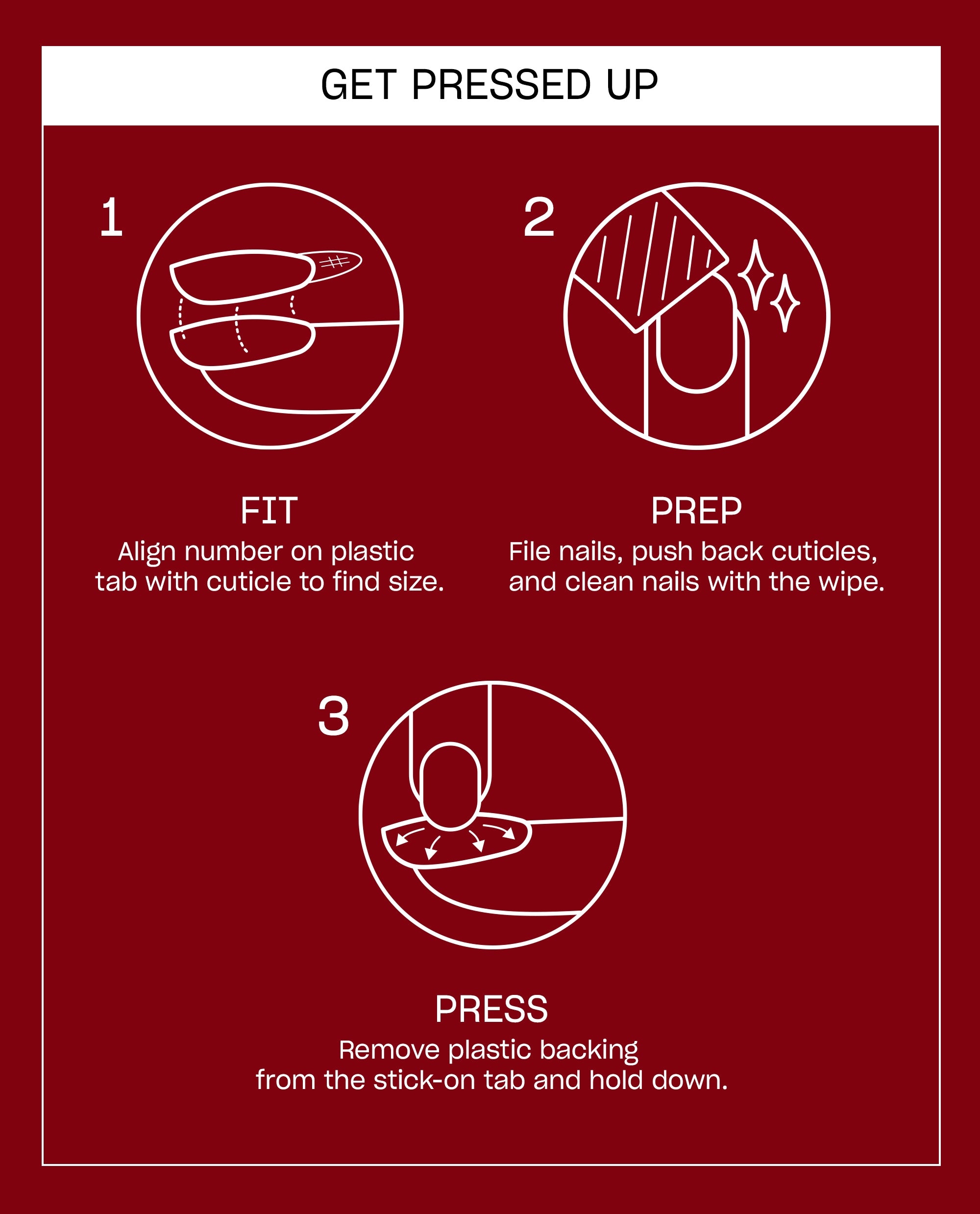 OPI Big Apple Pie Sticking Point press-on nail instructions show three steps—fit, prep, and press—using white line diagrams on a deep red background.