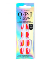 OPI Sticking Point In My Own Swirl press-on nails in iridescent packaging, featuring glossy short square nails with pink, red, orange, and pale pink swirl designs.