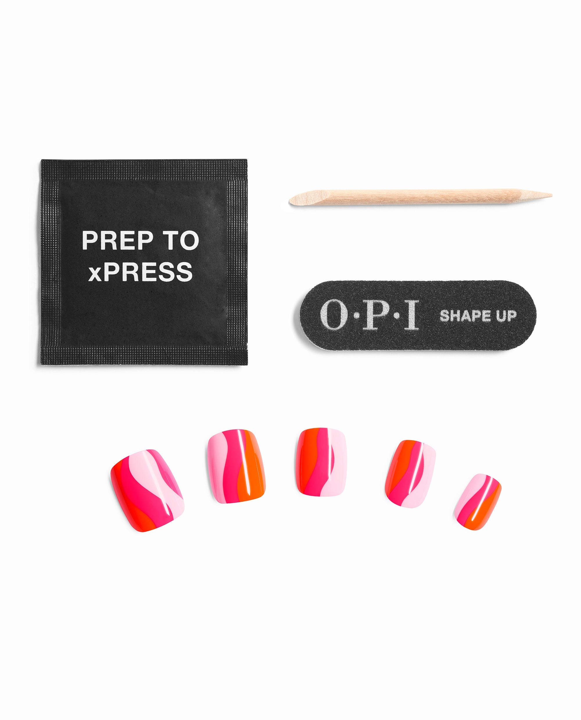 OPI In My Own Swirl Sticking Point artificial nails display pink, hot pink, and orange swirl designs with a prep pad, wooden cuticle stick, and OPI Shape Up nail file on a white background.
