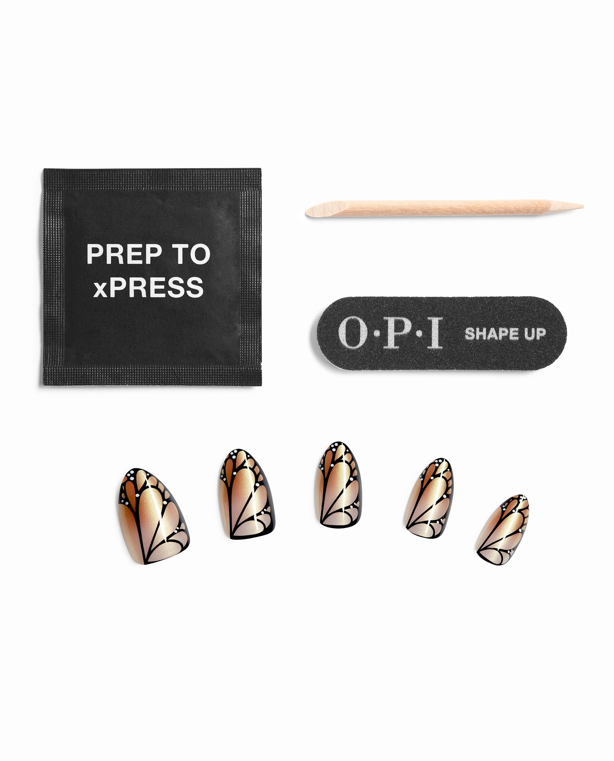 OPI Make My Art Flutter Sticking Point press-on nail kit displays butterfly-wing artificial nails in warm fall nail colors with a prep pad, wooden cuticle stick, and Shape Up nail file on white.