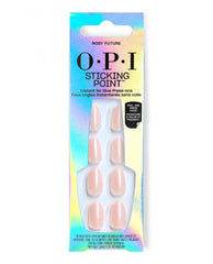 OPI Sticking Point Rosy Future trending no-glue press-on nails in soft rosy shimmer, displayed in iridescent peel-and-press manicure packaging with visible oval artificial nails.
