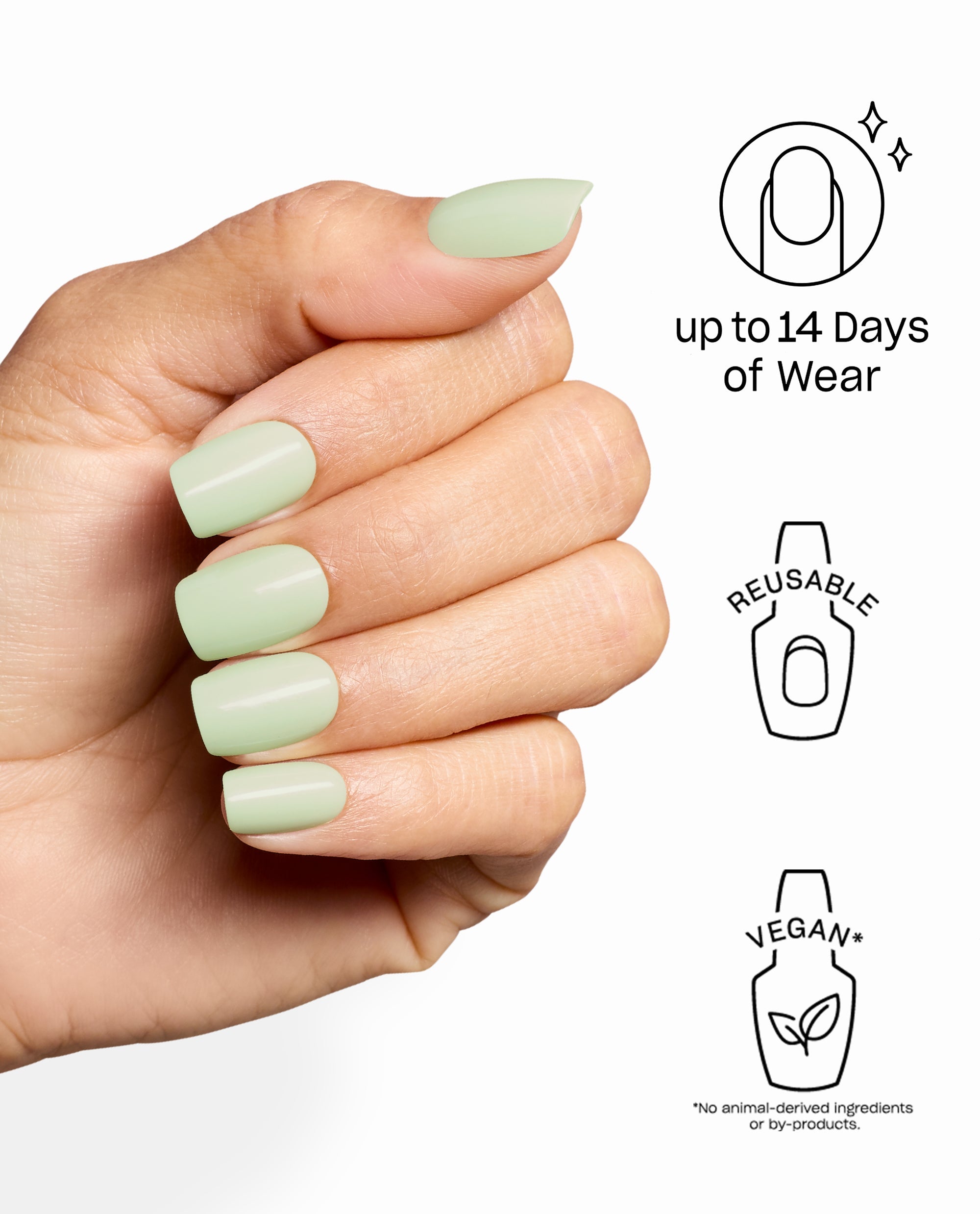 OPI The Pass is Always Greener On Point nails in soft pastel green on a hand, highlighting reusable vegan press-on nails with up to 14 days of wear on a white background.