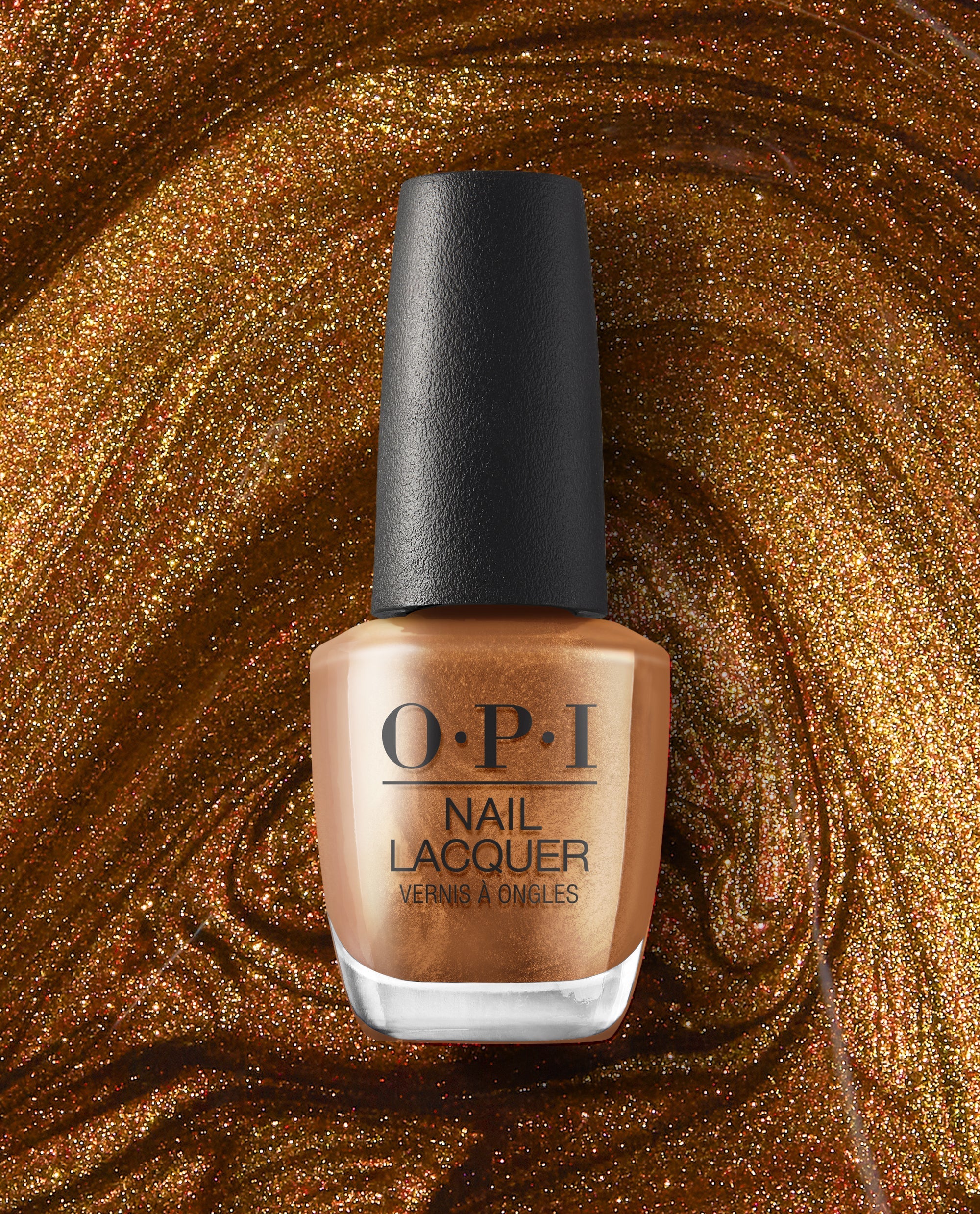 OPI Millennium Mocha Nail Lacquer bottle stands upright, showing a shimmery bronze-brown shade against a swirling glitter mocha background for warm fall nail colors.