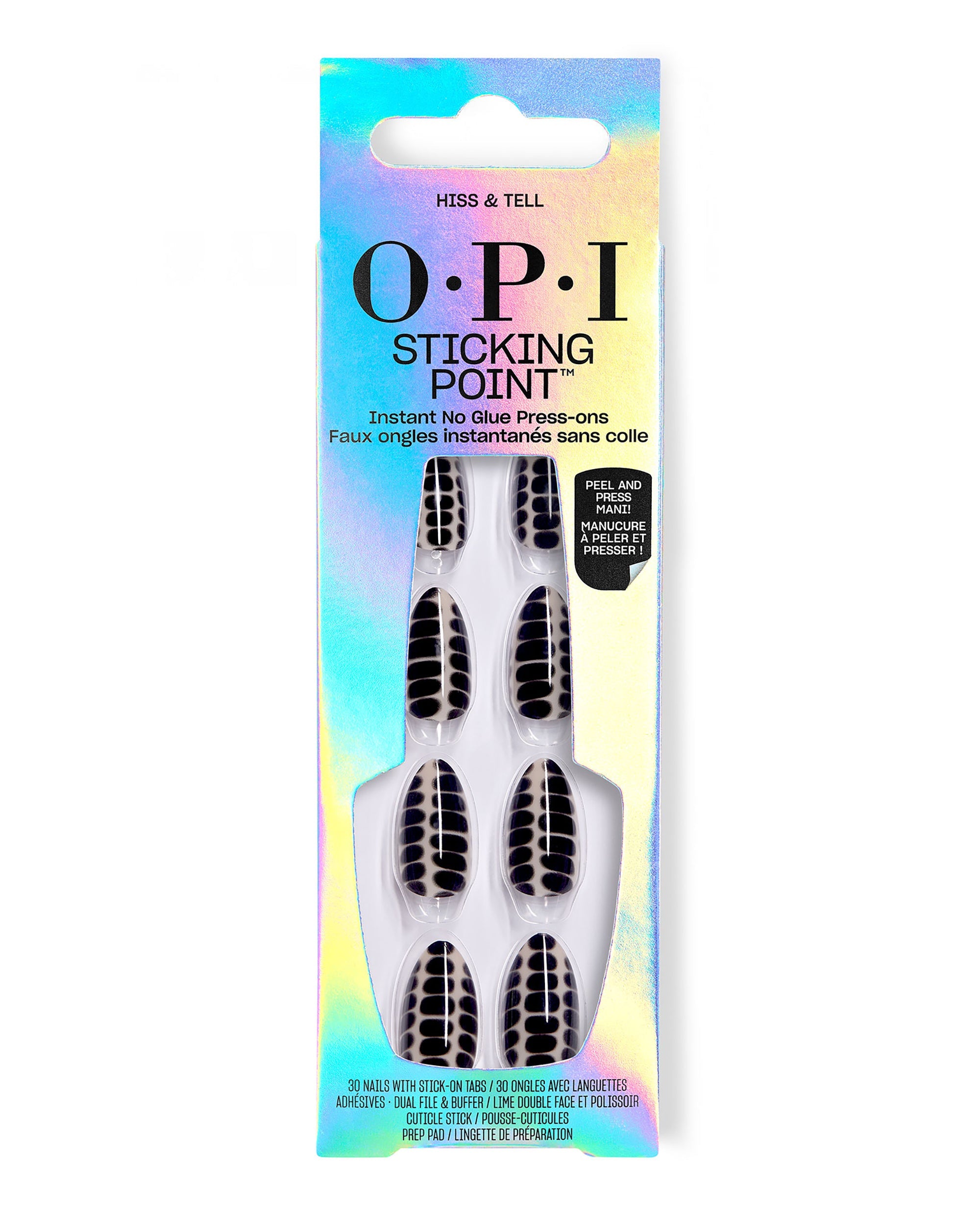 OPI Hiss & Tell Sticking Point no-glue press-on nails display black snakeskin-inspired designs on nude tips in an iridescent box, a bold choice for fall nail colors.