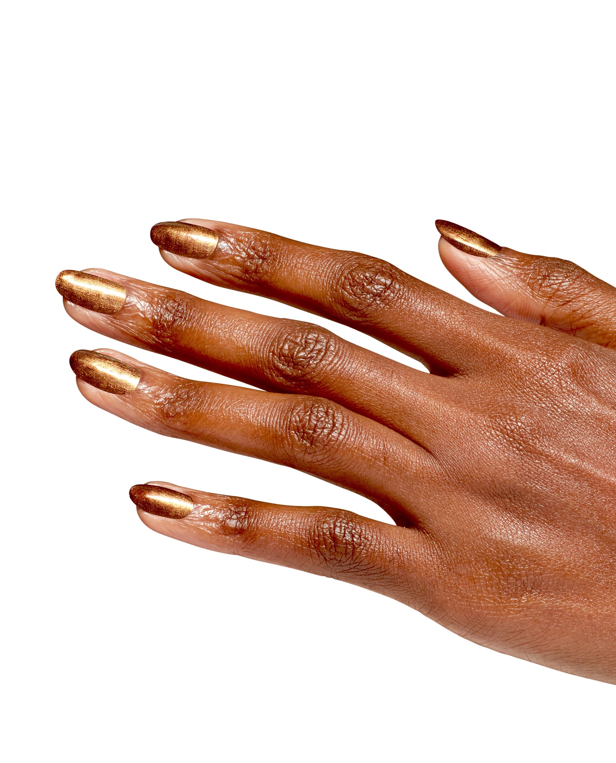 Hand modeling OPI Millennium Mocha nail lacquer, a metallic bronze-gold shimmer on almond-shaped nails, shown on a white background for fall nail colors inspiration.
