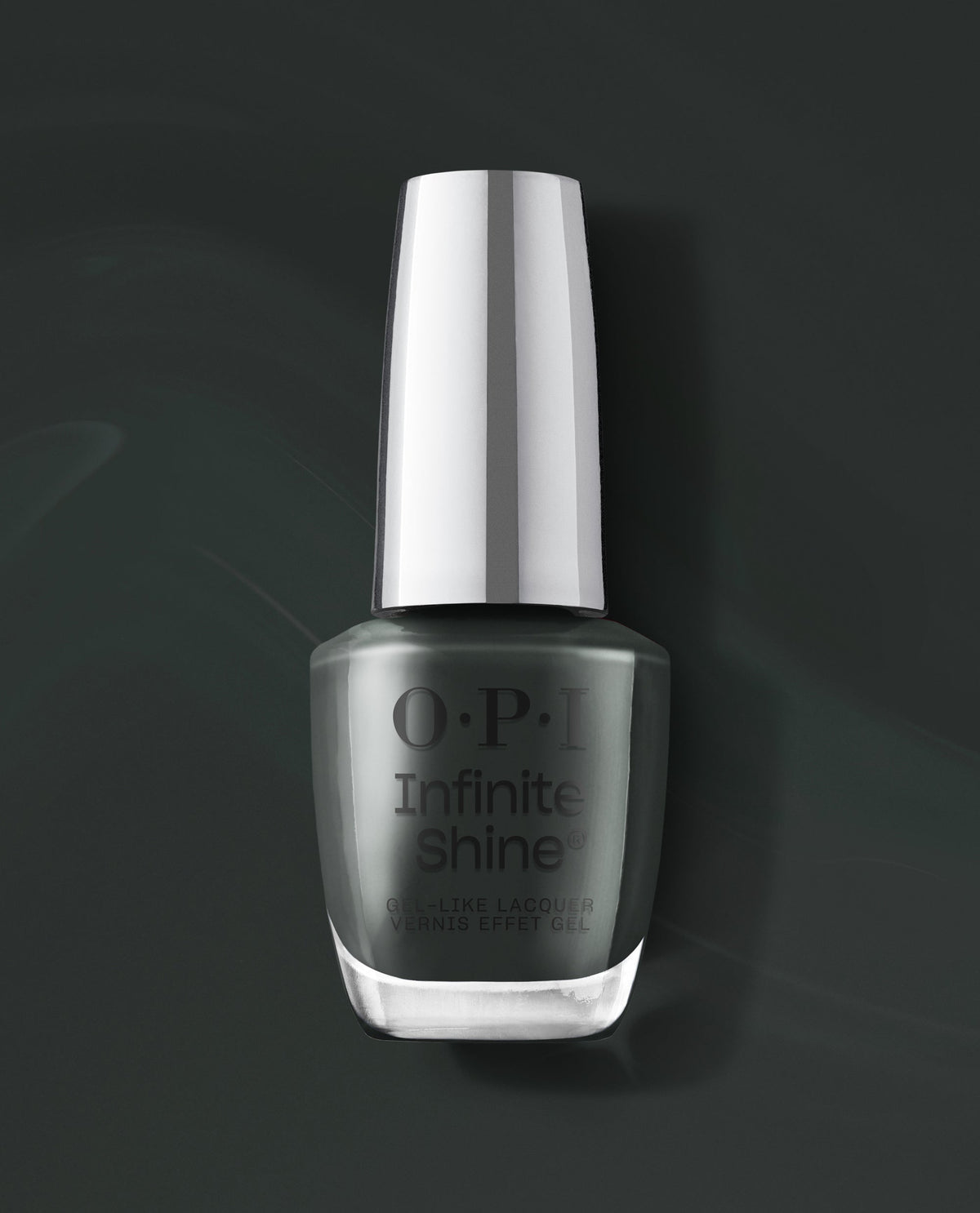 OPI Infinite Shine Nein! Nein! Nein! OK Fine! dark green-gray gel-like lacquer bottle with silver cap on a moody dark background, a sleek choice for fall nail colors.