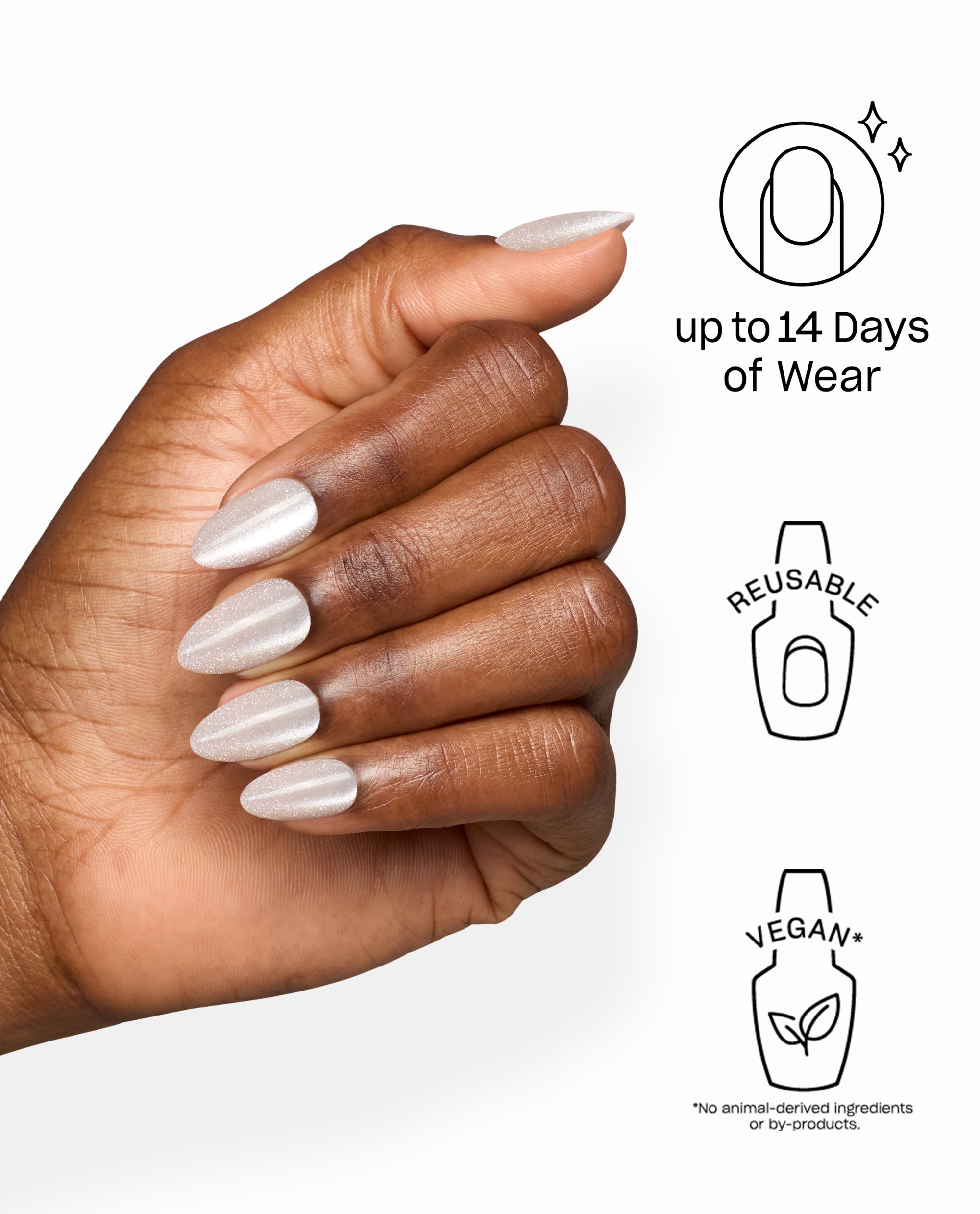OPI Throw Me Some Chrome On Point press-on nails shown on a hand, featuring pearly white chrome almond tips with up to 14 days of wear, reusable and vegan for fall nail colors.