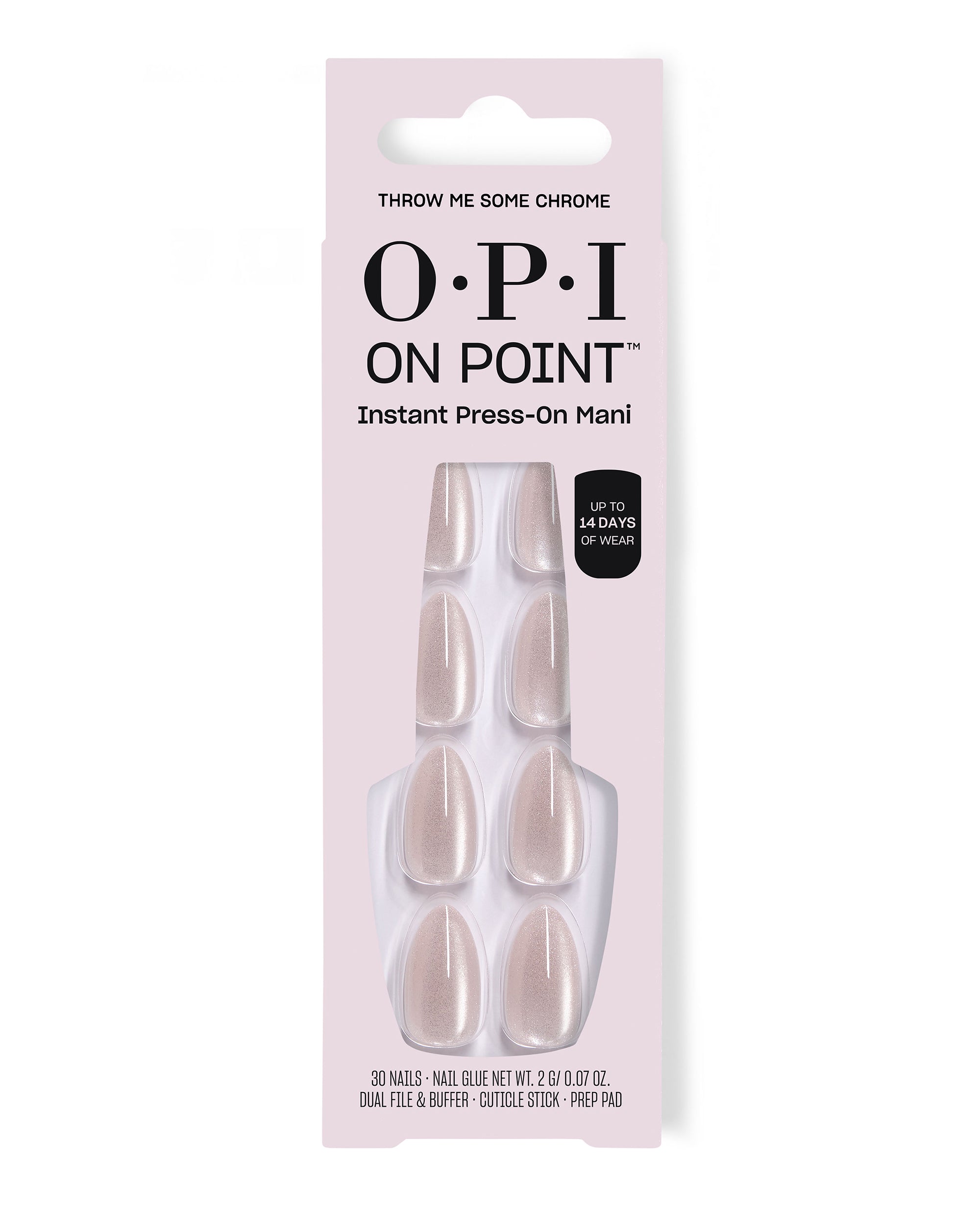 OPI On Point Throw Me Some Chrome press-on nails displayed in pale pink packaging, featuring shimmery champagne chrome oval nails and a 14-day wear callout for fall nail colors.