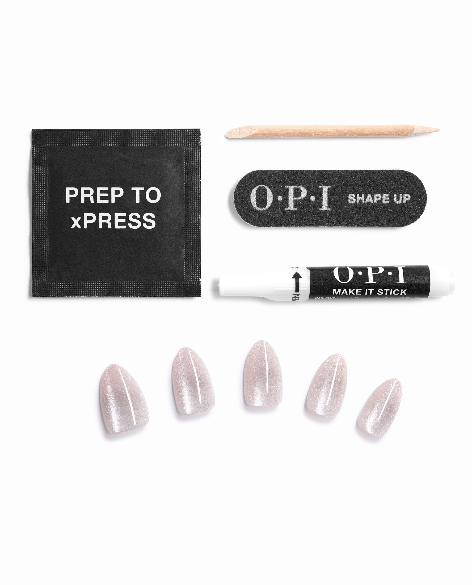 OPI Throw Me Some Chrome On Point press-on nails are displayed with prep pad, wooden cuticle stick, nail file, glue pen, and pearly chrome artificial nails, a sleek option for fall nail colors.