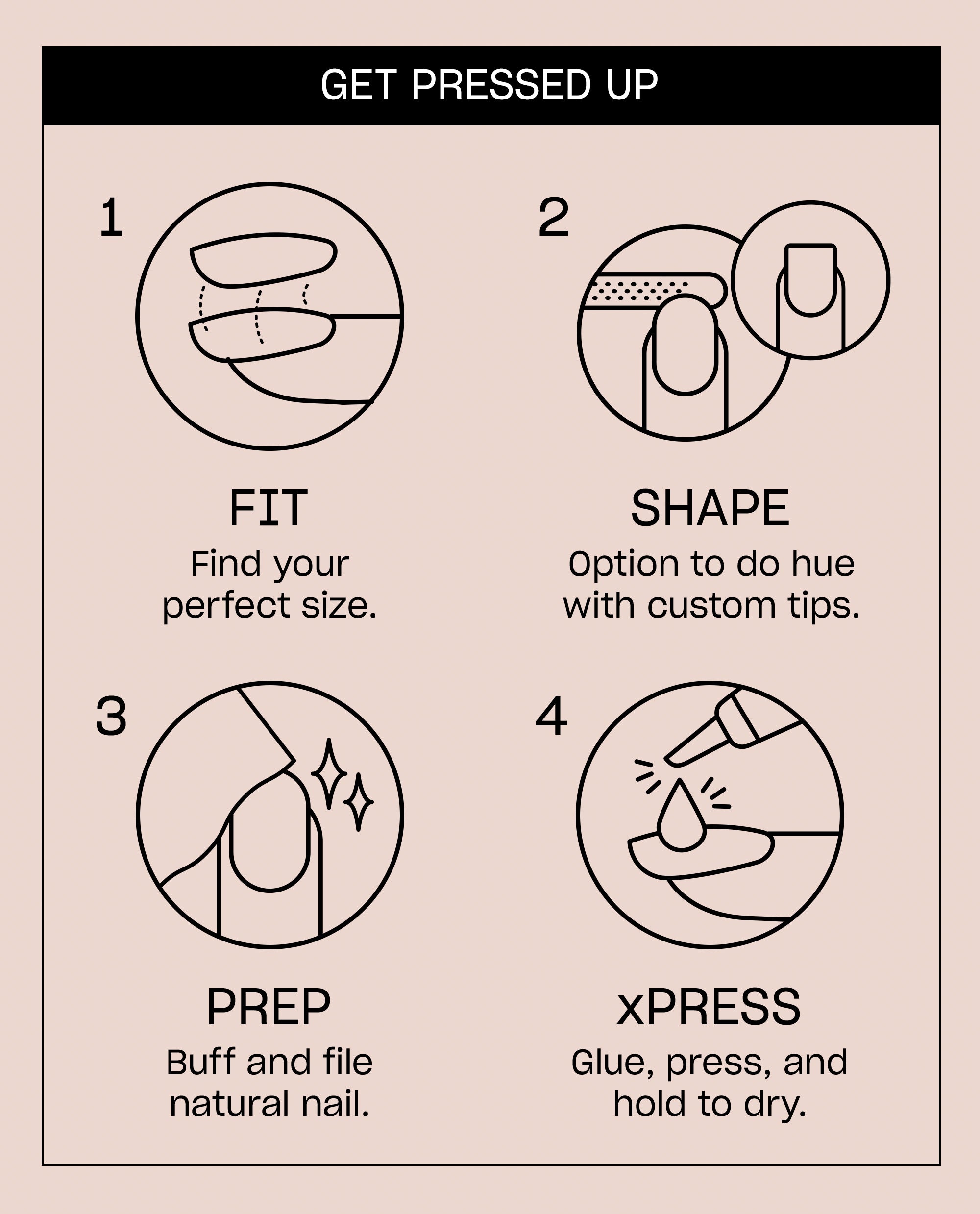 OPI Throw Me Some Chrome On Point press-on nail instructions show four steps: fit, shape, prep, and xPRESS glue application on a pale pink guide for fall nail colors.